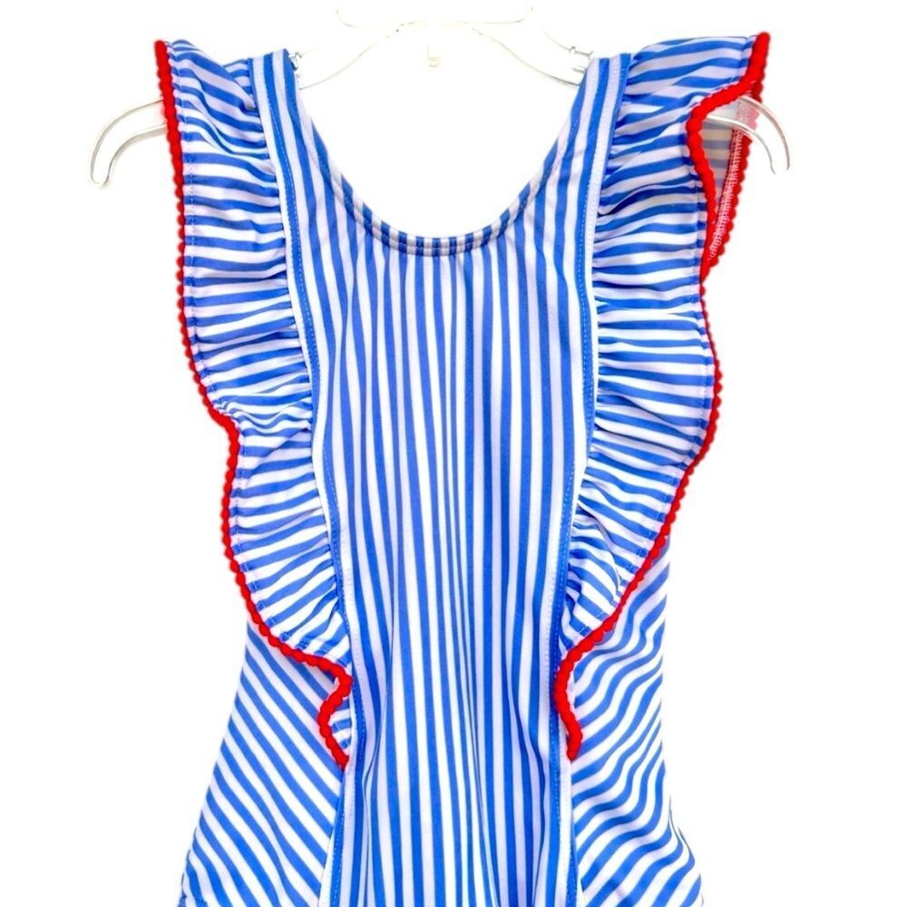 Cat & Jack Girls Blue White Striped One Piece Nautical Swimsuit Red Trim Small
